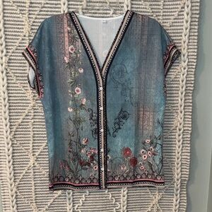 Floral V-Neck Women Top - Blue and Red